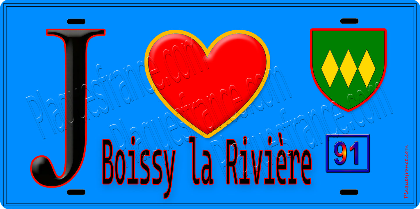 Plaque métal décorative  J' ❤️Boissy-la-Rivière, Essonne (91) fond bleu