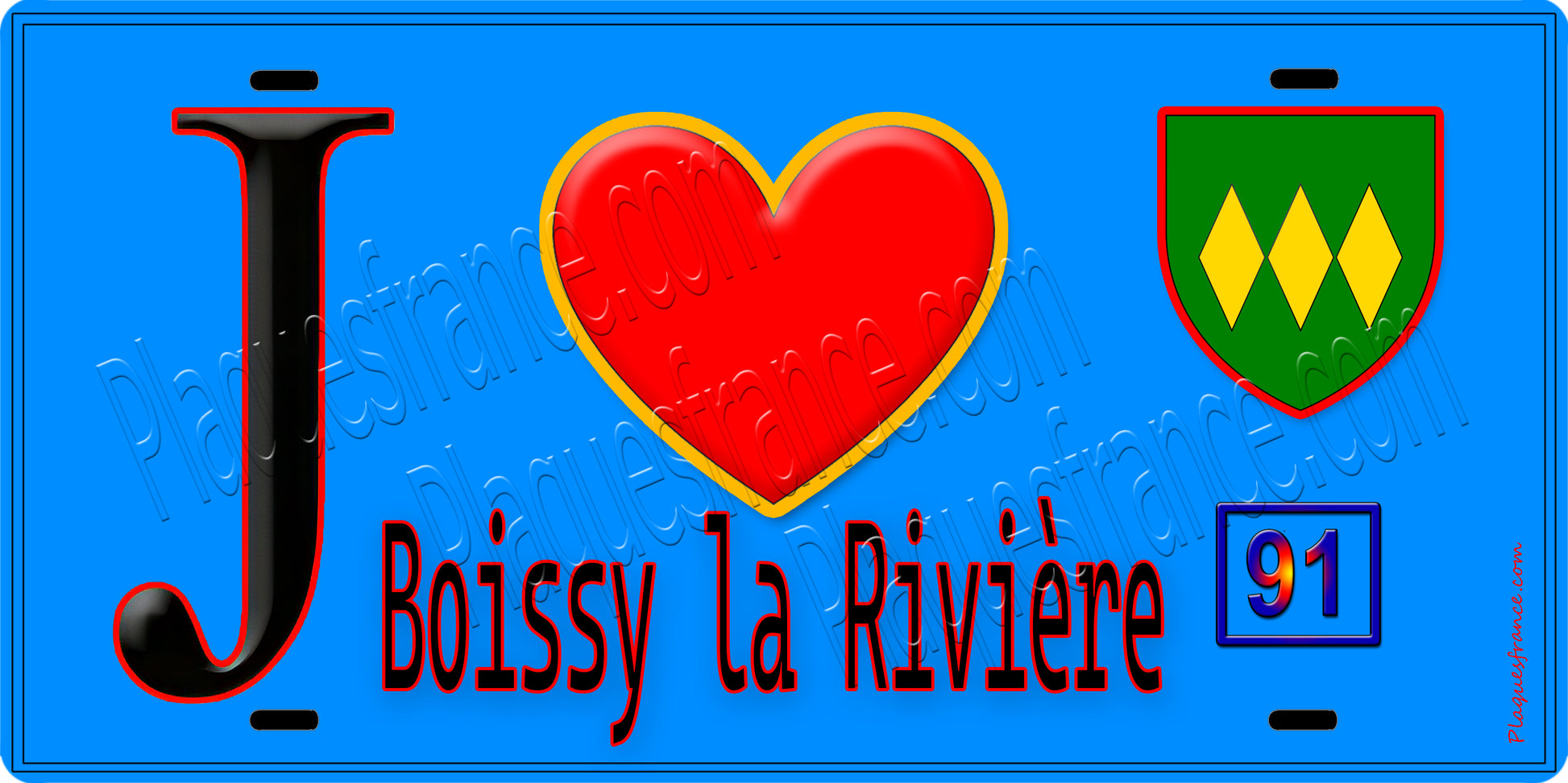 Plaque métal décorative  J' ❤️Boissy-la-Rivière, Essonne (91) fond bleu