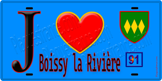 Plaque métal décorative  J' ❤️Boissy-la-Rivière, Essonne (91) fond bleu