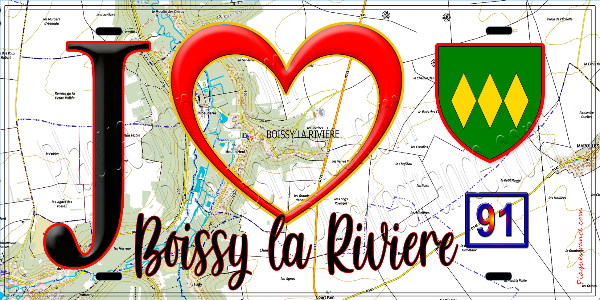 Plaque métal décorative  J' ❤️Boissy-la-Rivière, Essonne (91) fond carte