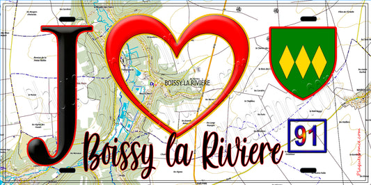 Plaque métal décorative  J' ❤️Boissy-la-Rivière, Essonne (91) fond carte