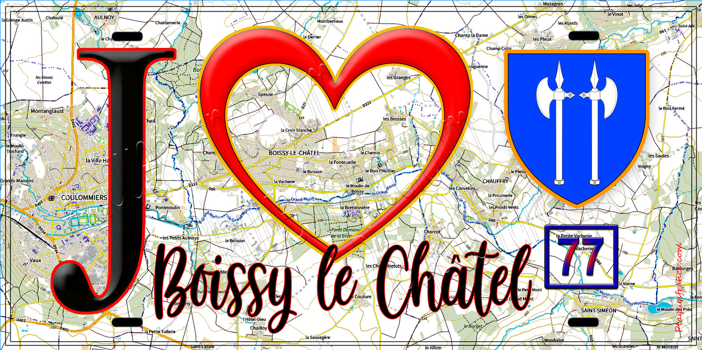 Plaque métal décorative  J' ❤️Boissy-le-Châtel, Seine et Marne (77) fond carte