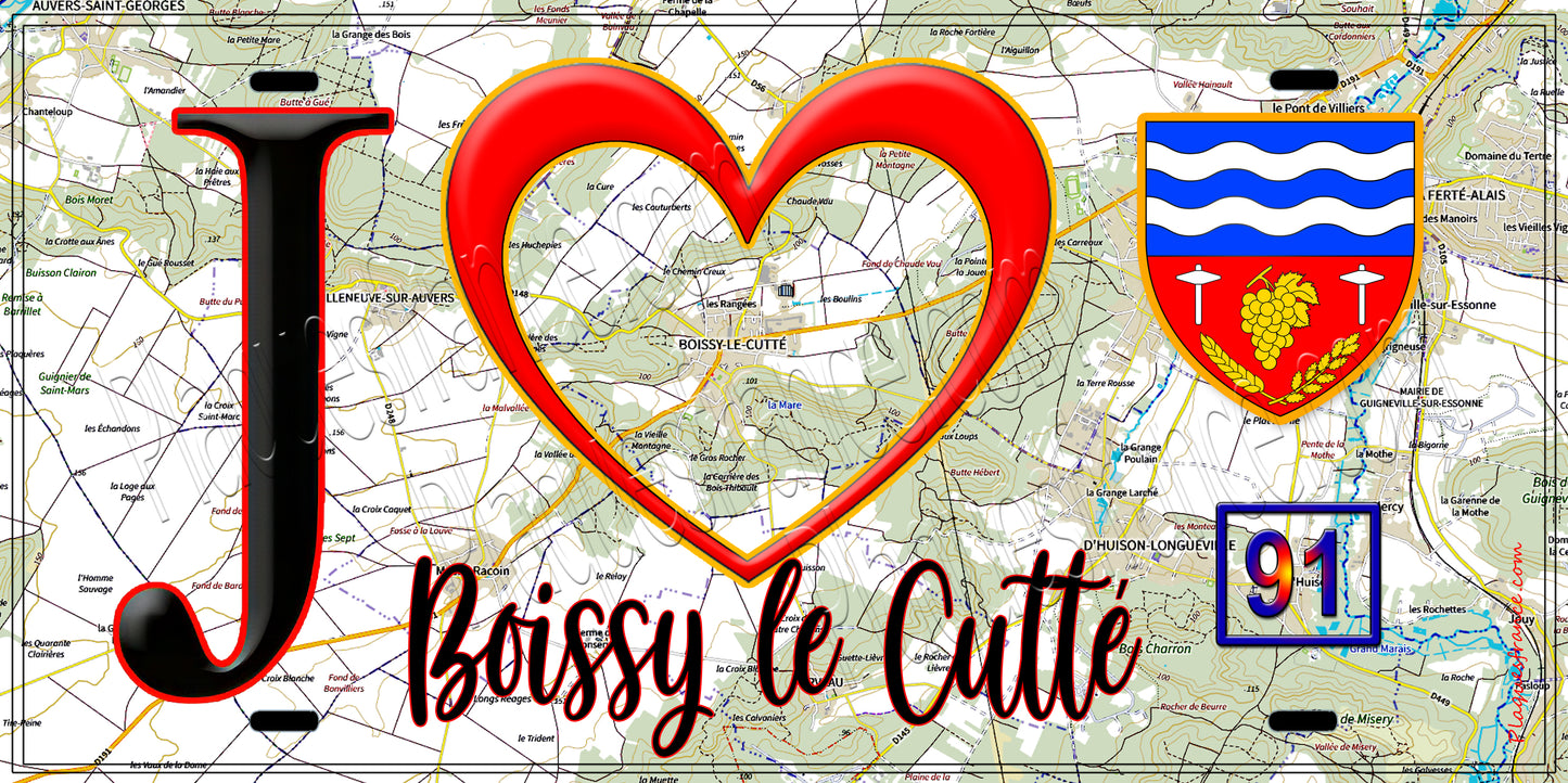 Plaque métal décorative  J' ❤️Boissy-le-Cutté, Essonne (91) fond carte