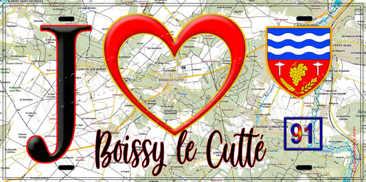 Plaque métal décorative  J' ❤️Boissy-le-Cutté, Essonne (91) fond carte