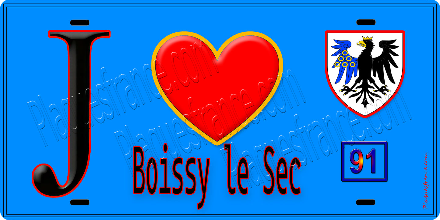 Plaque métal décorative  J' ❤️Boissy-le-Sec, Essonne (91) fond bleu