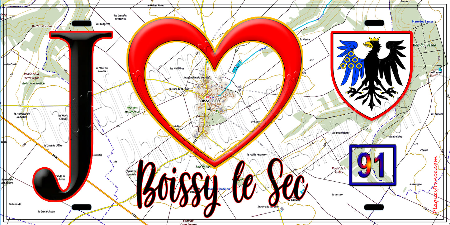 Plaque métal décorative  J' ❤️Boissy-le-Sec, Essonne (91) fond carte 