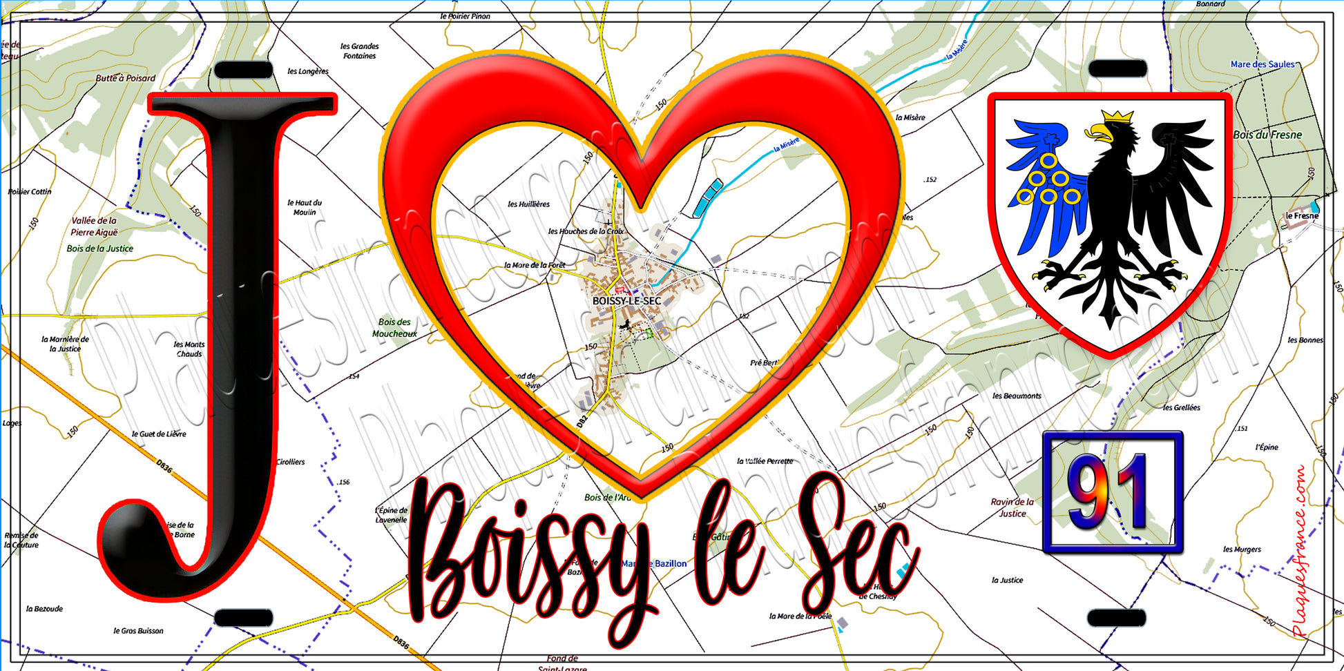 Plaque métal décorative  J' ❤️Boissy-le-Sec, Essonne (91) fond carte 
