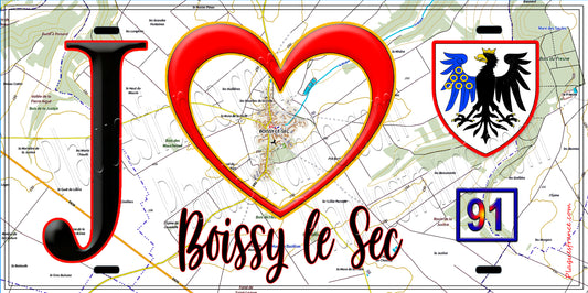 Plaque métal décorative  J' ❤️Boissy-le-Sec, Essonne (91) fond carte 