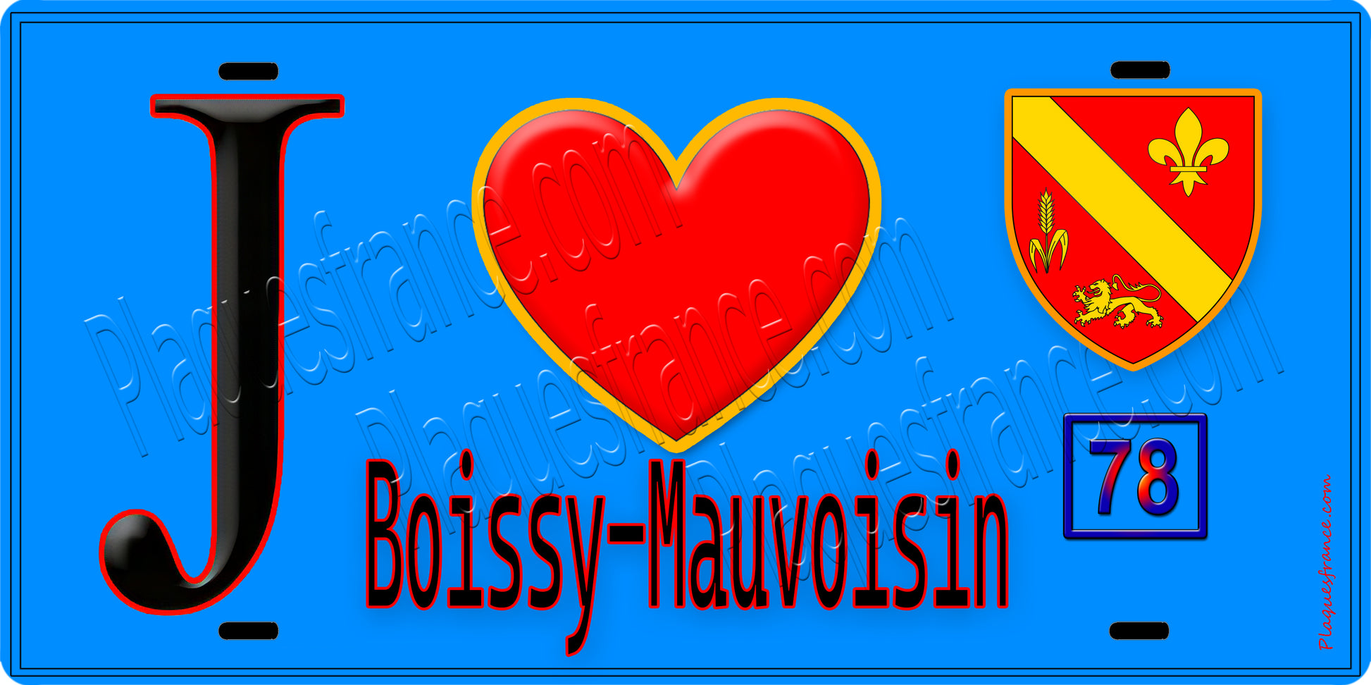 Plaque métal décorative  J' ❤️ Boissy-Mauvoisin, Yvelines (78) fond bleu