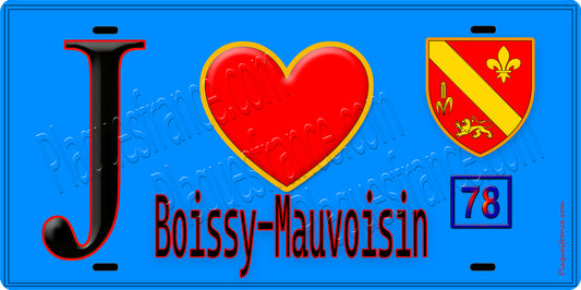 Plaque métal décorative  J' ❤️ Boissy-Mauvoisin, Yvelines (78) fond bleu