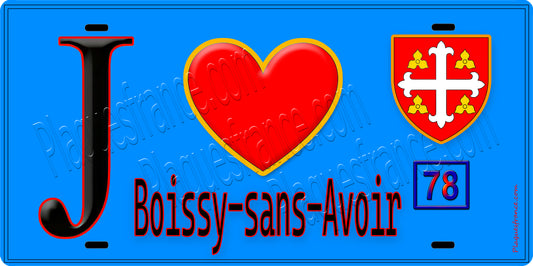 Plaque métal décorative  J' ❤️ Boissy-sans-Avoir, Yvelines (78) fond bleu