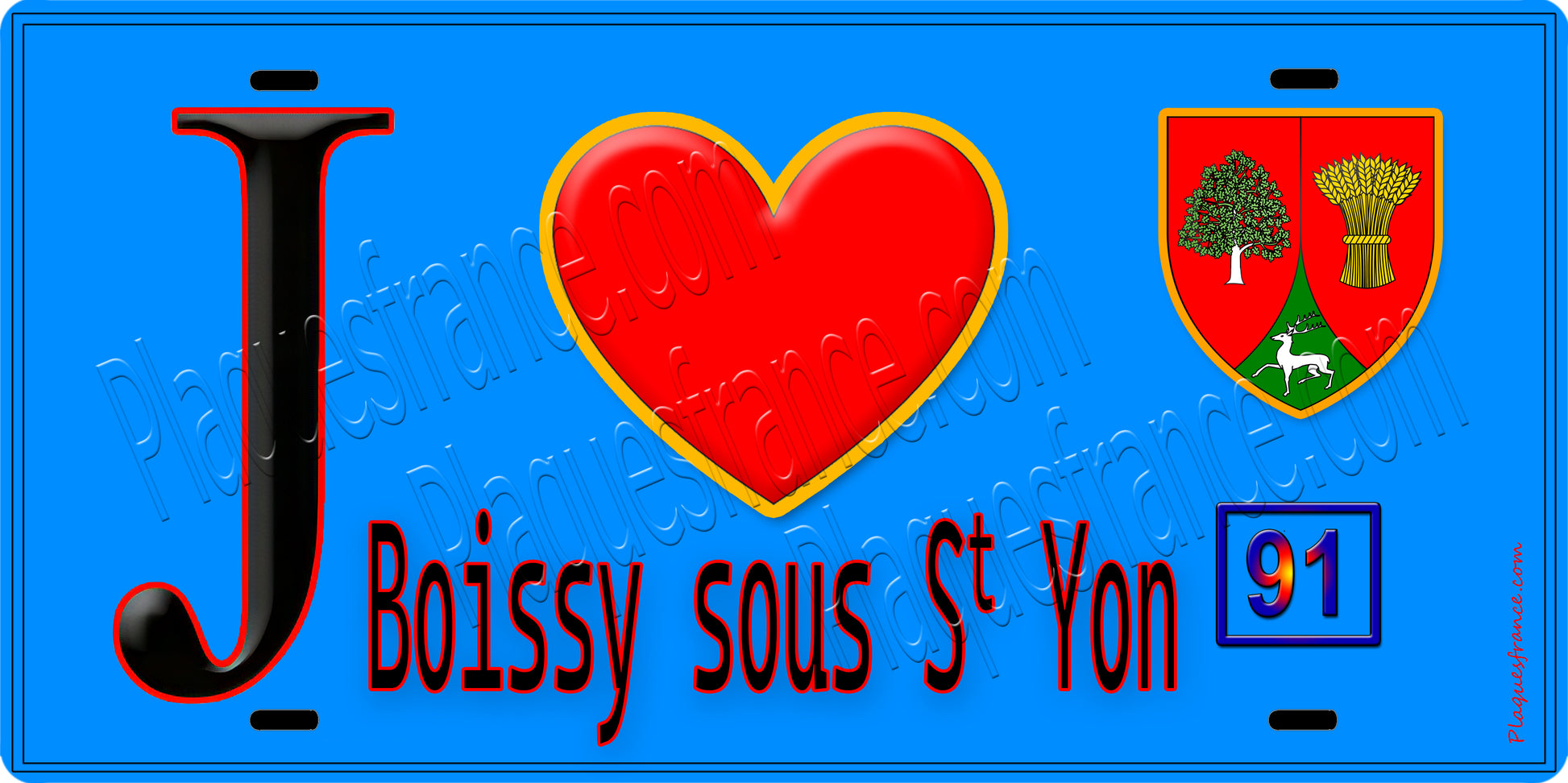 Plaque métal décorative  J' ❤️Boissy-sous-Saint-Yon, Essonne (91) fond bleu 