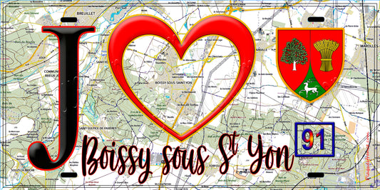 Plaque métal décorative  J' ❤️Boissy-sous-Saint-Yon, Essonne (91) fond carte