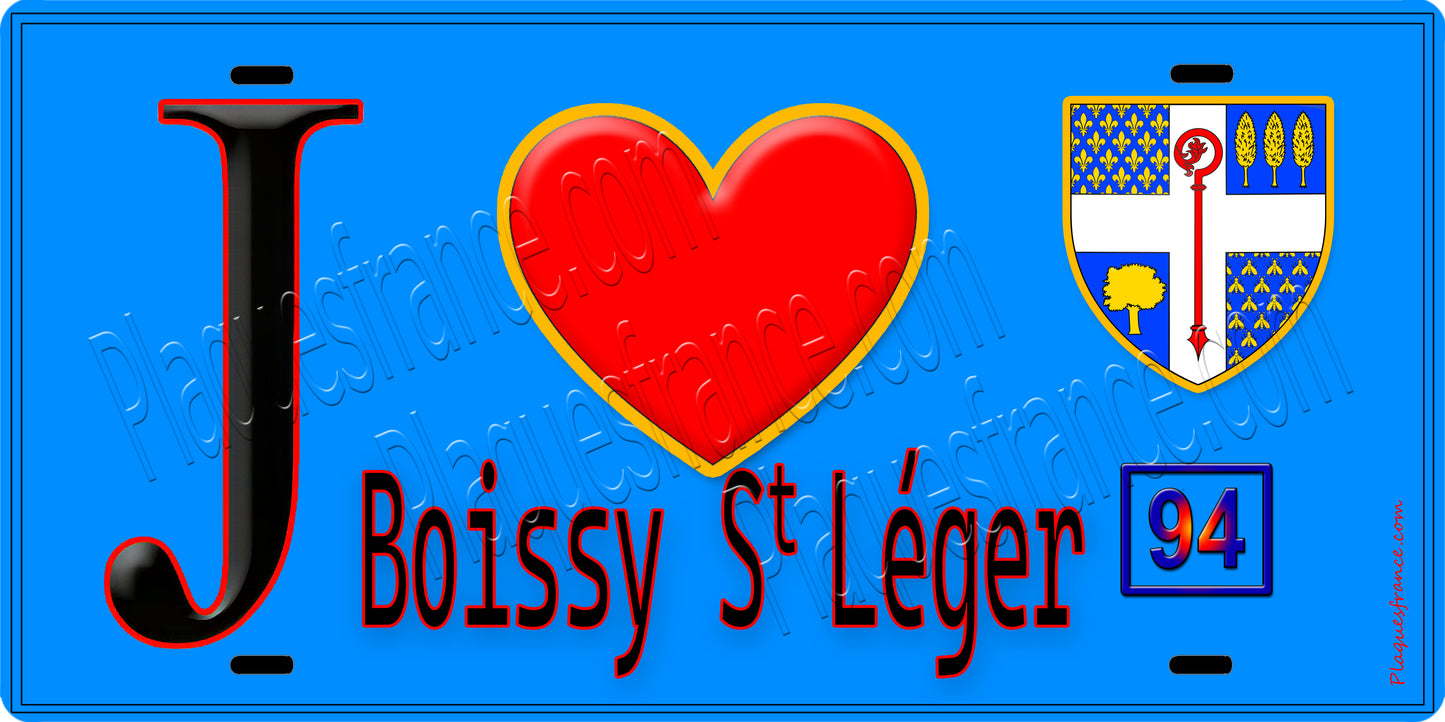 Plaque métal décorative  J' ❤️Boissy-Saint-Léger, Val de Marne (94) fond beu