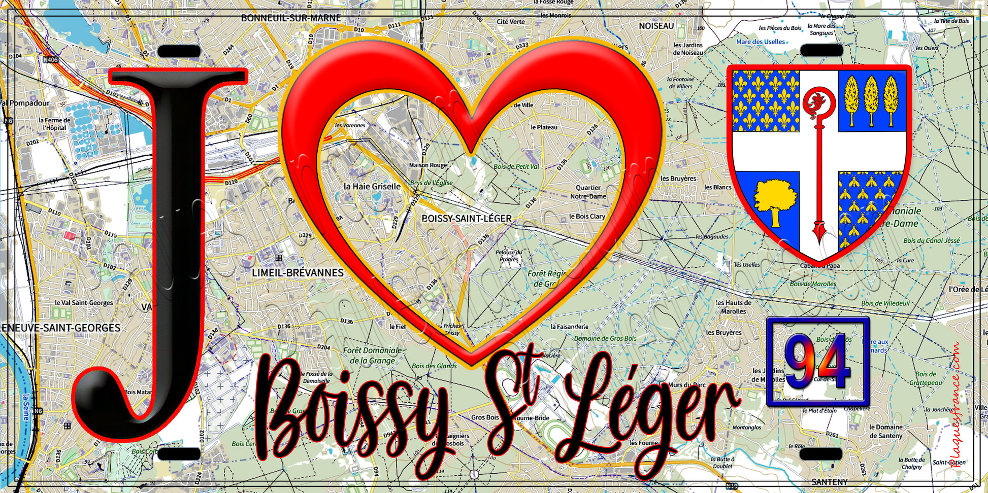 Plaque métal décorative  J' ❤️Boissy-Saint-Léger, Val de Marne (94) fond carte