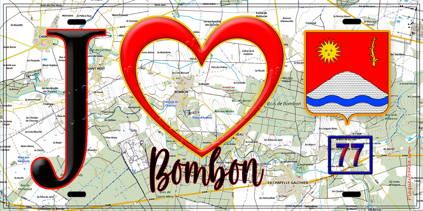 Plaque métal décorative  J' ❤️Bombon, Seine et Marne (77) fond carte