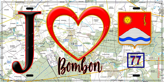 Plaque métal décorative  J' ❤️Bombon, Seine et Marne (77) fond carte