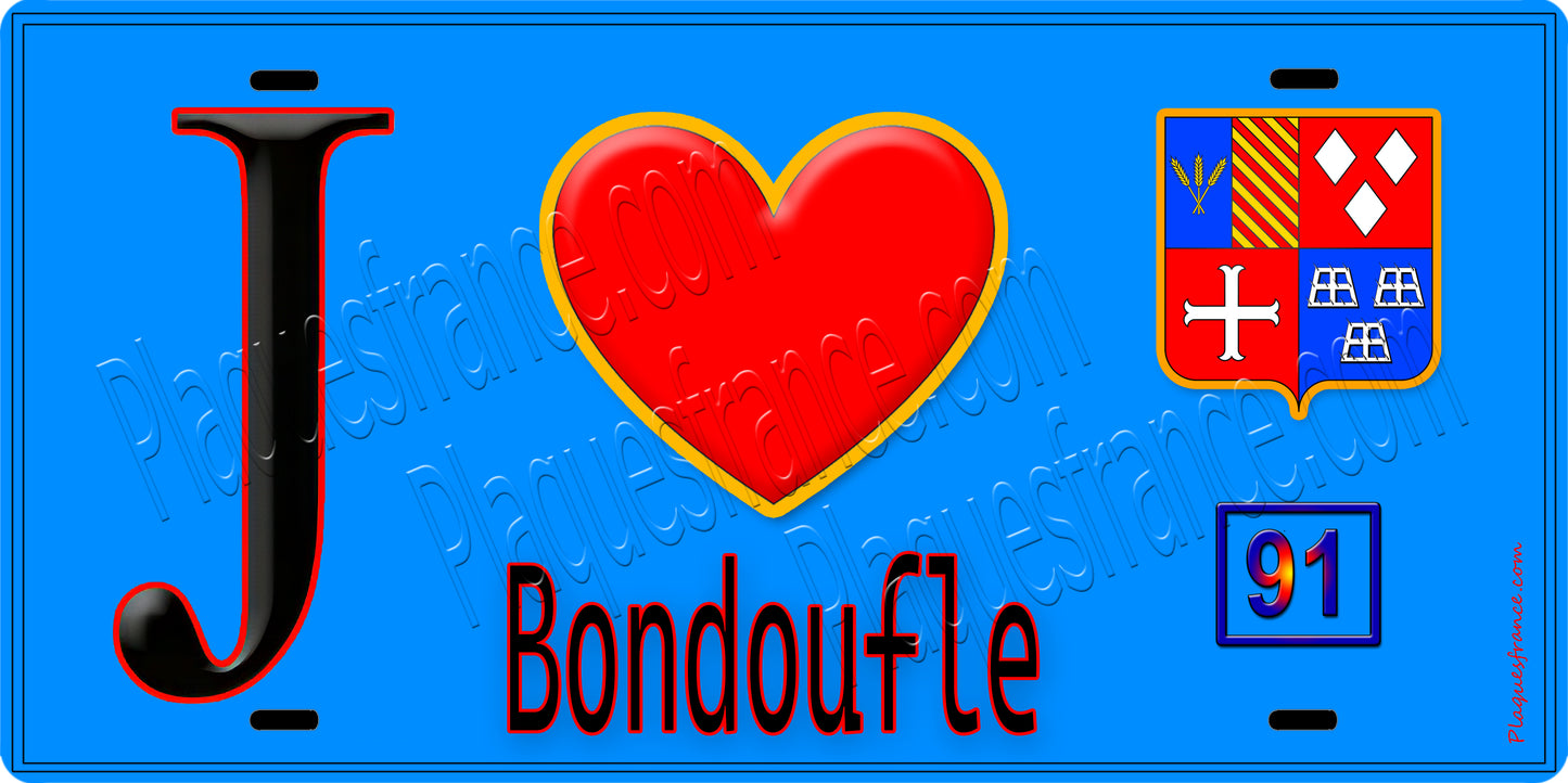 Plaque métal décorative  J' ❤️Bondoufle, Essonne (91) fond bleu