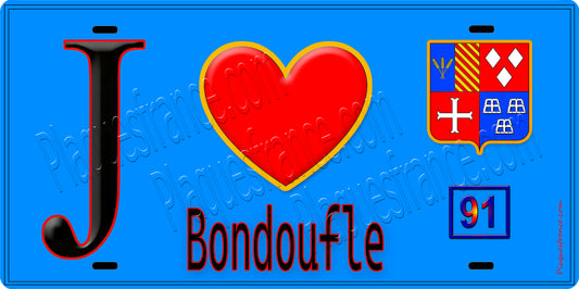 Plaque métal décorative  J' ❤️Bondoufle, Essonne (91) fond bleu