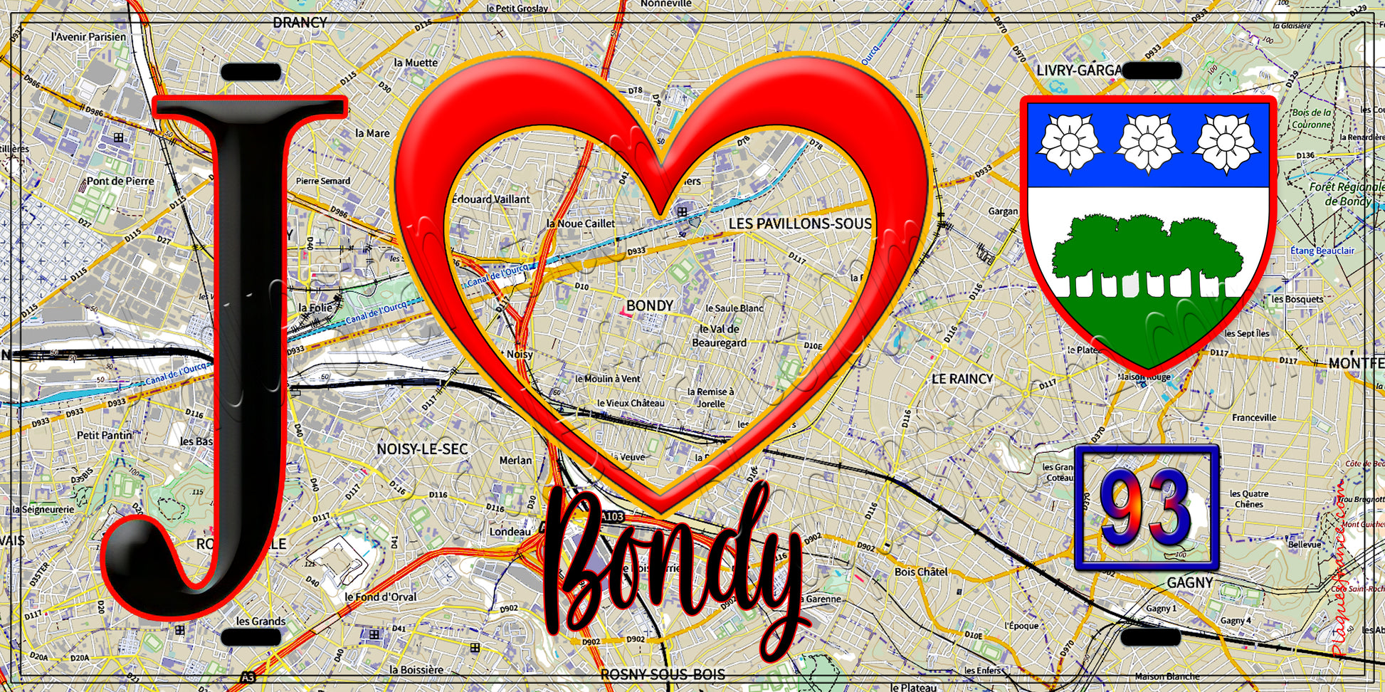 Plaque métal décorative  J' ❤️Bondy, Seine Saint Denis (93) fond carte