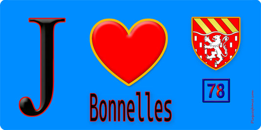 Plaque métal décorative  J' ❤️ Bonnelles, Yvelines (78) fond bleu