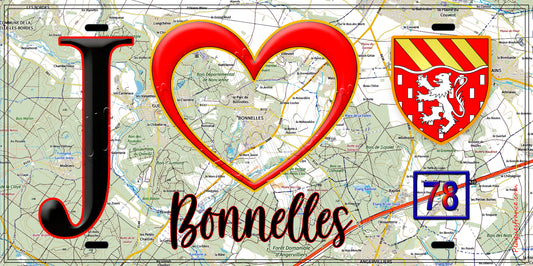 Plaque métal décorative  J' ❤️ Bonnelles, Yvelines (78) fond carte