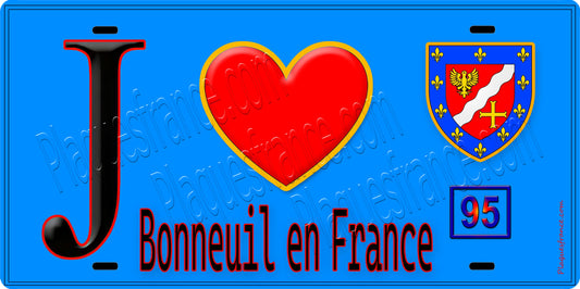 Plaque métal décorative  J' ❤️Bonneuil-en-France, Val d'Oise (95) fond bleu