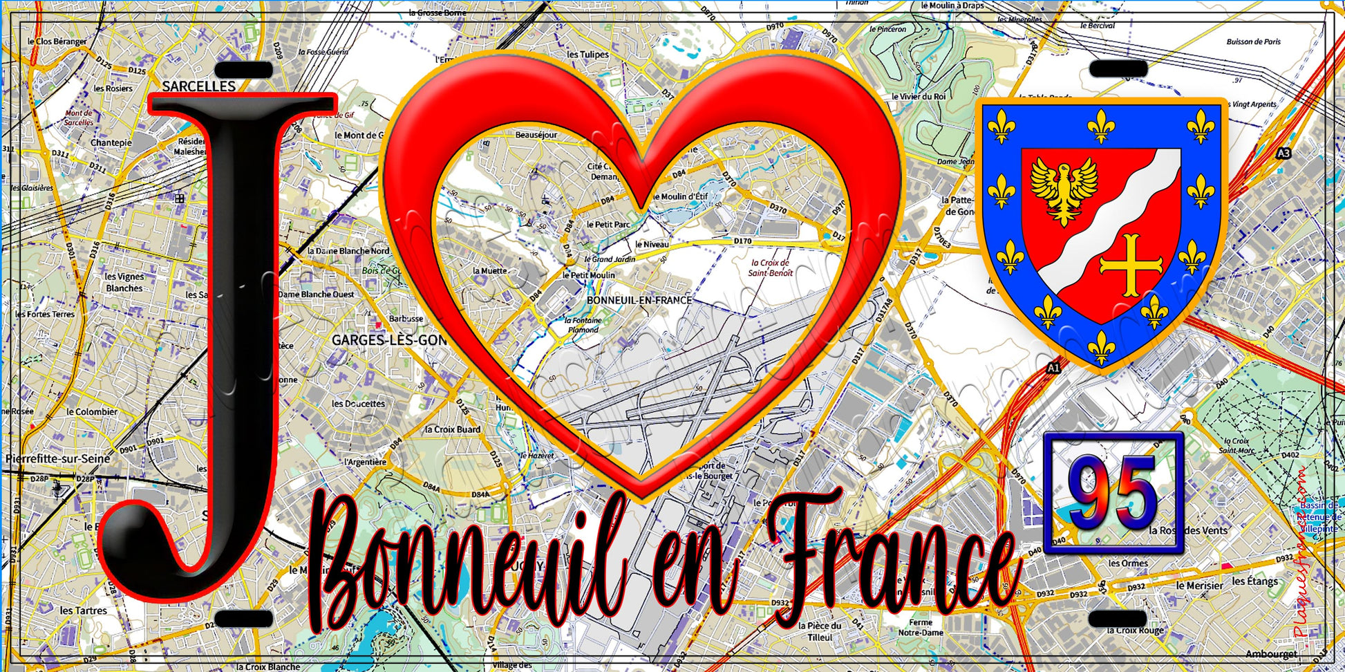 Plaque métal décorative  J' ❤️Bonneuil-en-France, Val d'Oise (95) fond carte