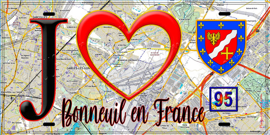 Plaque métal décorative  J' ❤️Bonneuil-en-France, Val d'Oise (95) fond carte