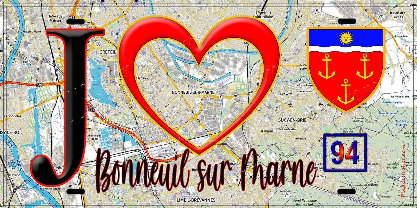 Plaque métal décorative  J' ❤️Bonneuil-sur-Marne, Val de Marne (94) fond carte