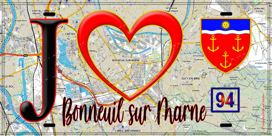Plaque métal décorative  J' ❤️Bonneuil-sur-Marne, Val de Marne (94) fond carte