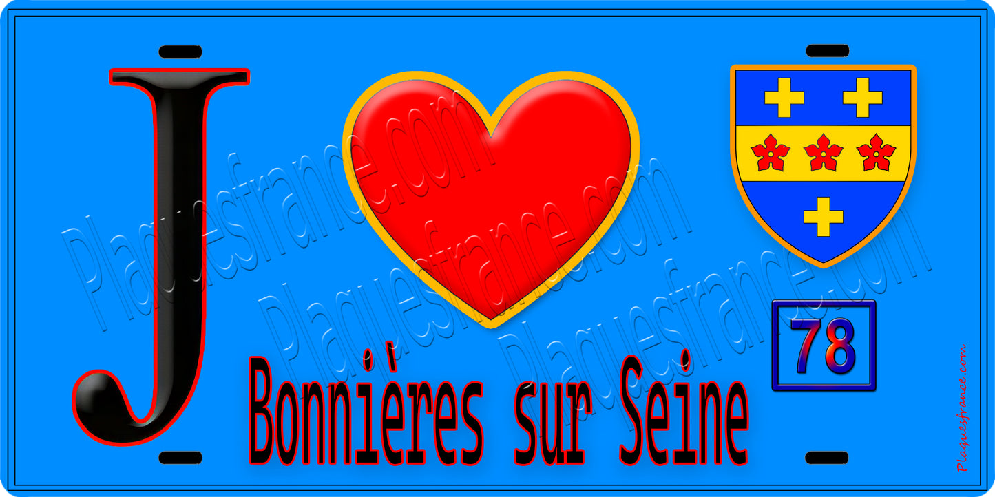 Plaque métal décorative  J' ❤️ Bonnières-sur-Seine, Yvelines (78) fond bleu