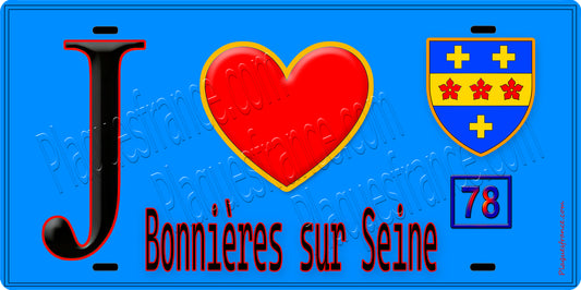 Plaque métal décorative  J' ❤️ Bonnières-sur-Seine, Yvelines (78) fond bleu