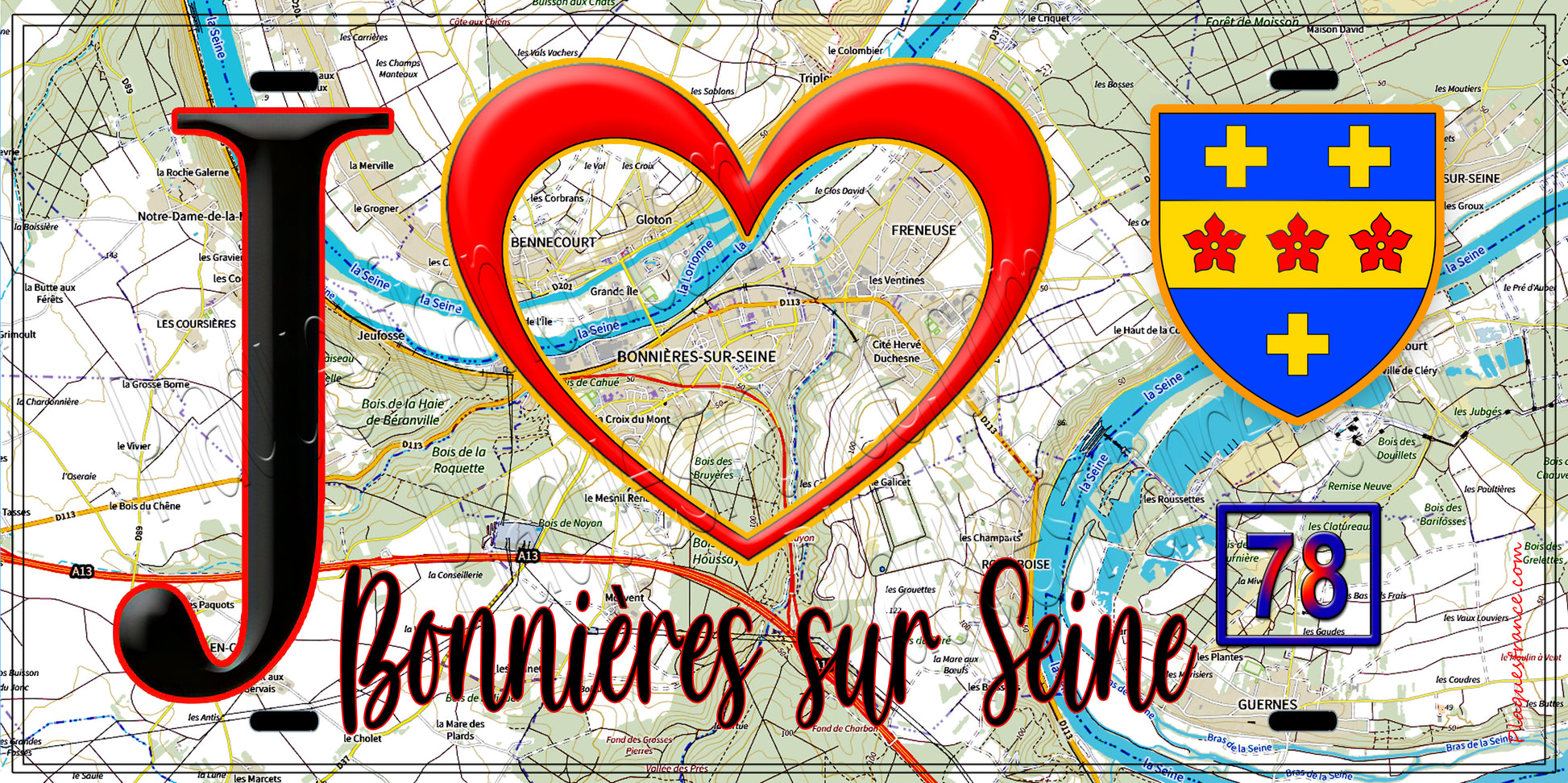 Plaque métal décorative  J' ❤️ Bonnières-sur-Seine, Yvelines (78) fond carte
