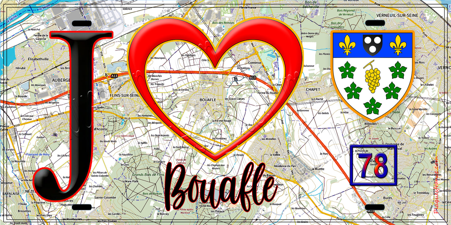 Plaque métal décorative  J' ❤️ Bouafle, Yvelines (78) fond carte