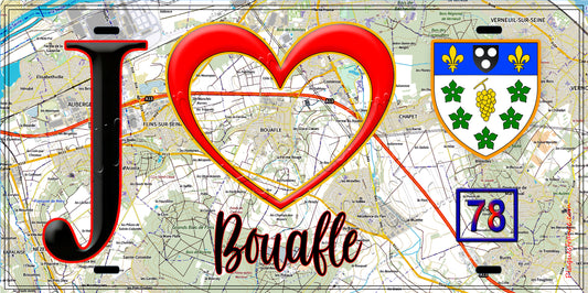 Plaque métal décorative  J' ❤️ Bouafle, Yvelines (78) fond carte