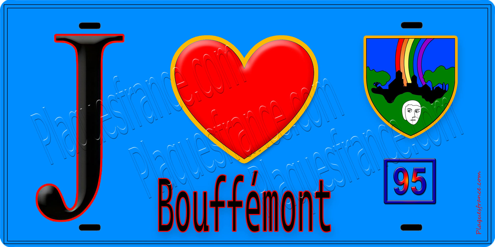 Plaque métal décorative  J' ❤️Bouffémont, Val d'Oise (95) fond bleu