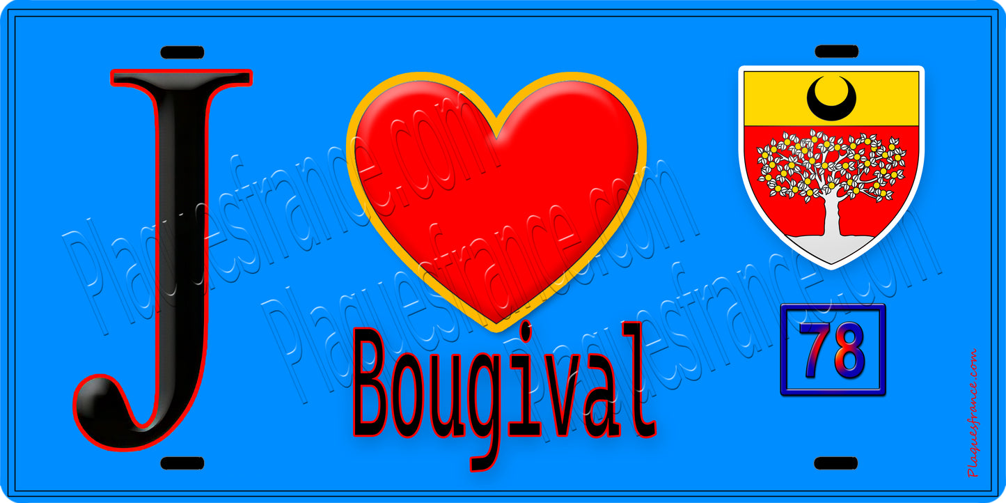 Plaque métal décorative  J' ❤️ Bougival, Yvelines (78) fond bleu