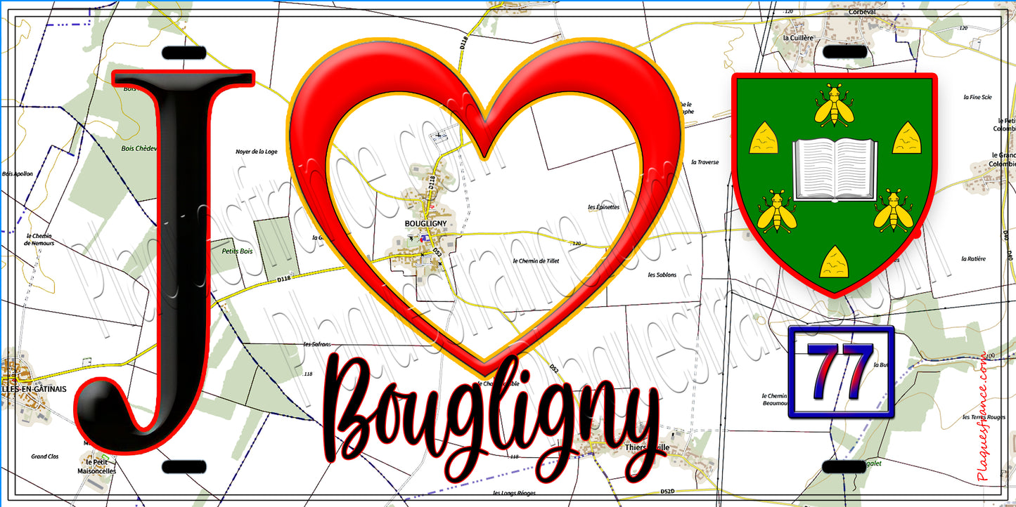 Plaque métal décorative  J' ❤️Bougligny, Seine et Marne (77) fond carte