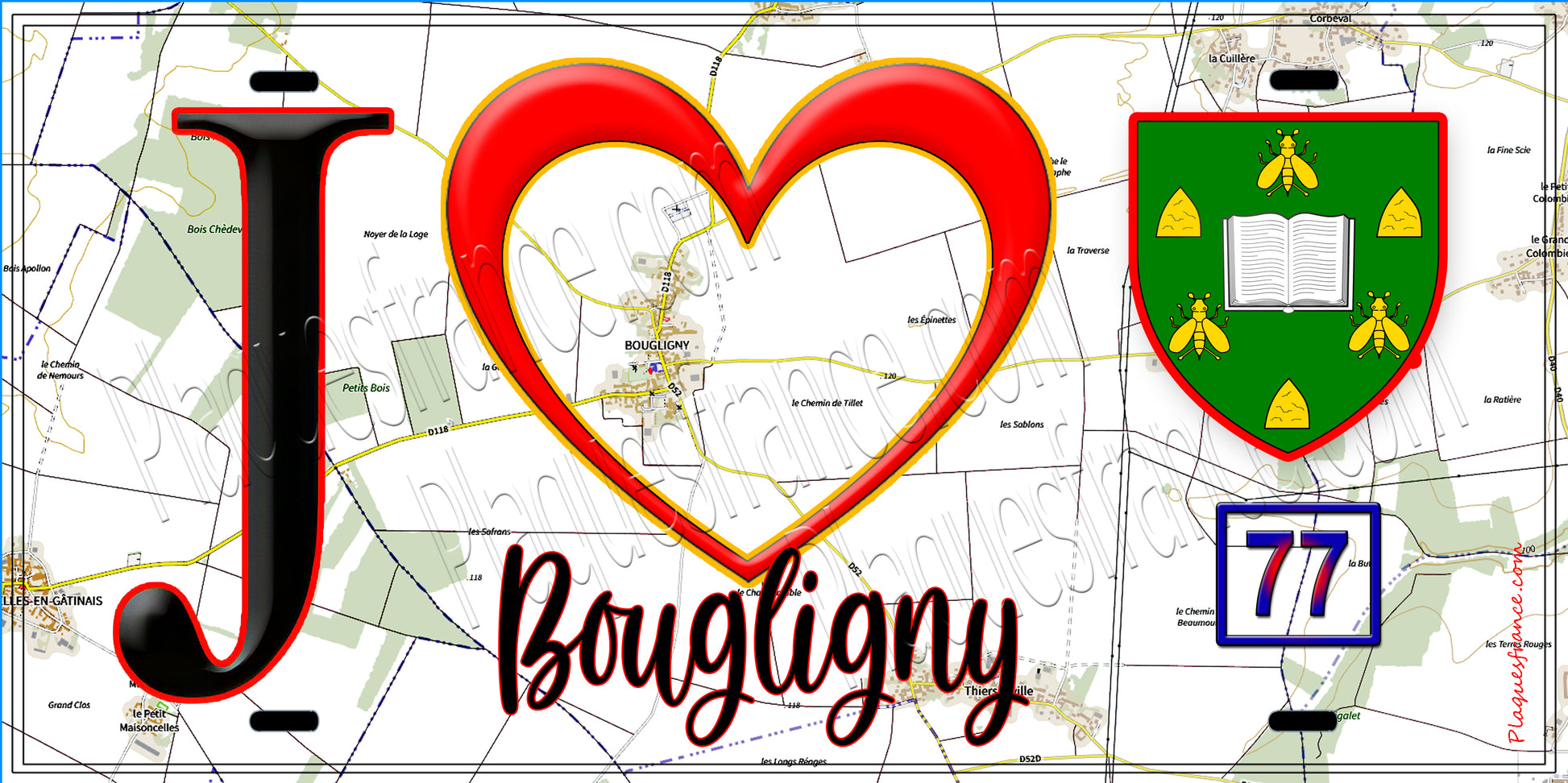 Plaque métal décorative  J' ❤️Bougligny, Seine et Marne (77) fond carte