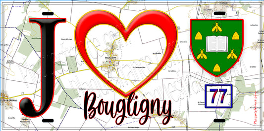 Plaque métal décorative  J' ❤️Bougligny, Seine et Marne (77) fond carte