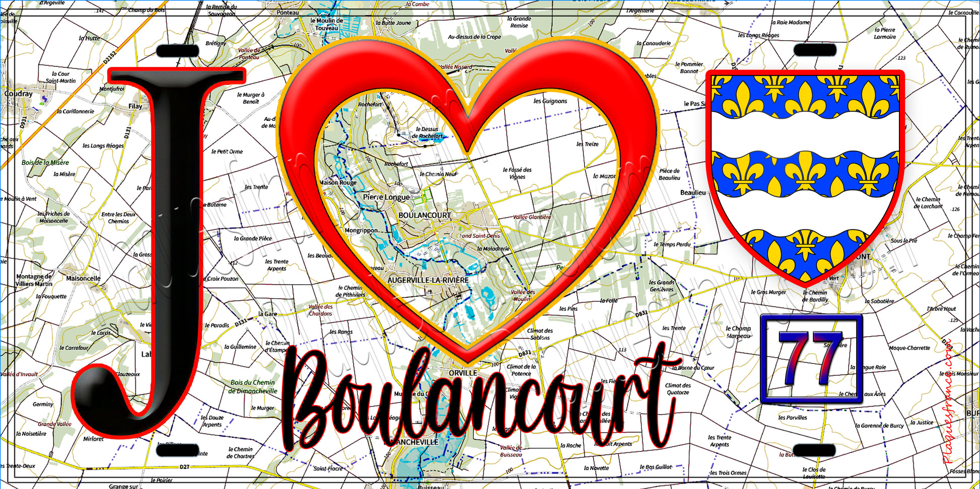 Plaque métal décorative  J' ❤️Boulancourt, Seine et Marne (77) fond carte