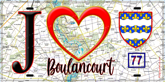 Plaque métal décorative  J' ❤️Boulancourt, Seine et Marne (77) fond carte
