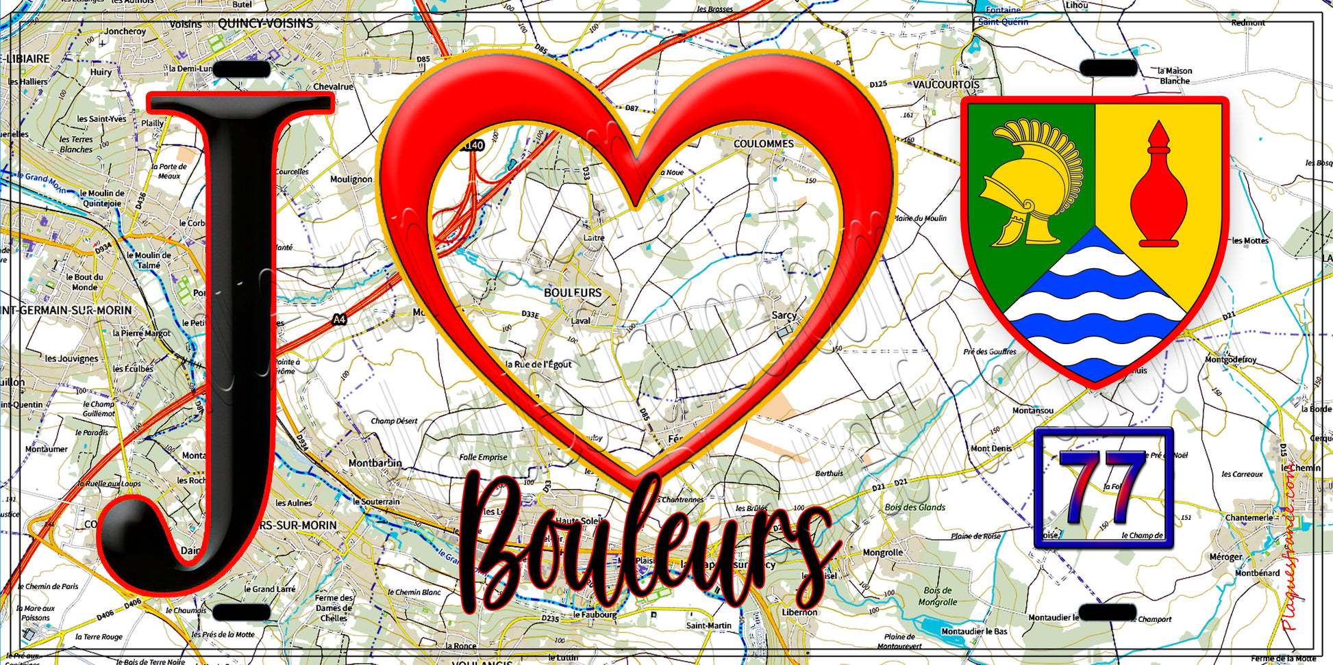 Plaque métal décorative  J' ❤️Bouleurs, Seine et Marne (77) fond carte