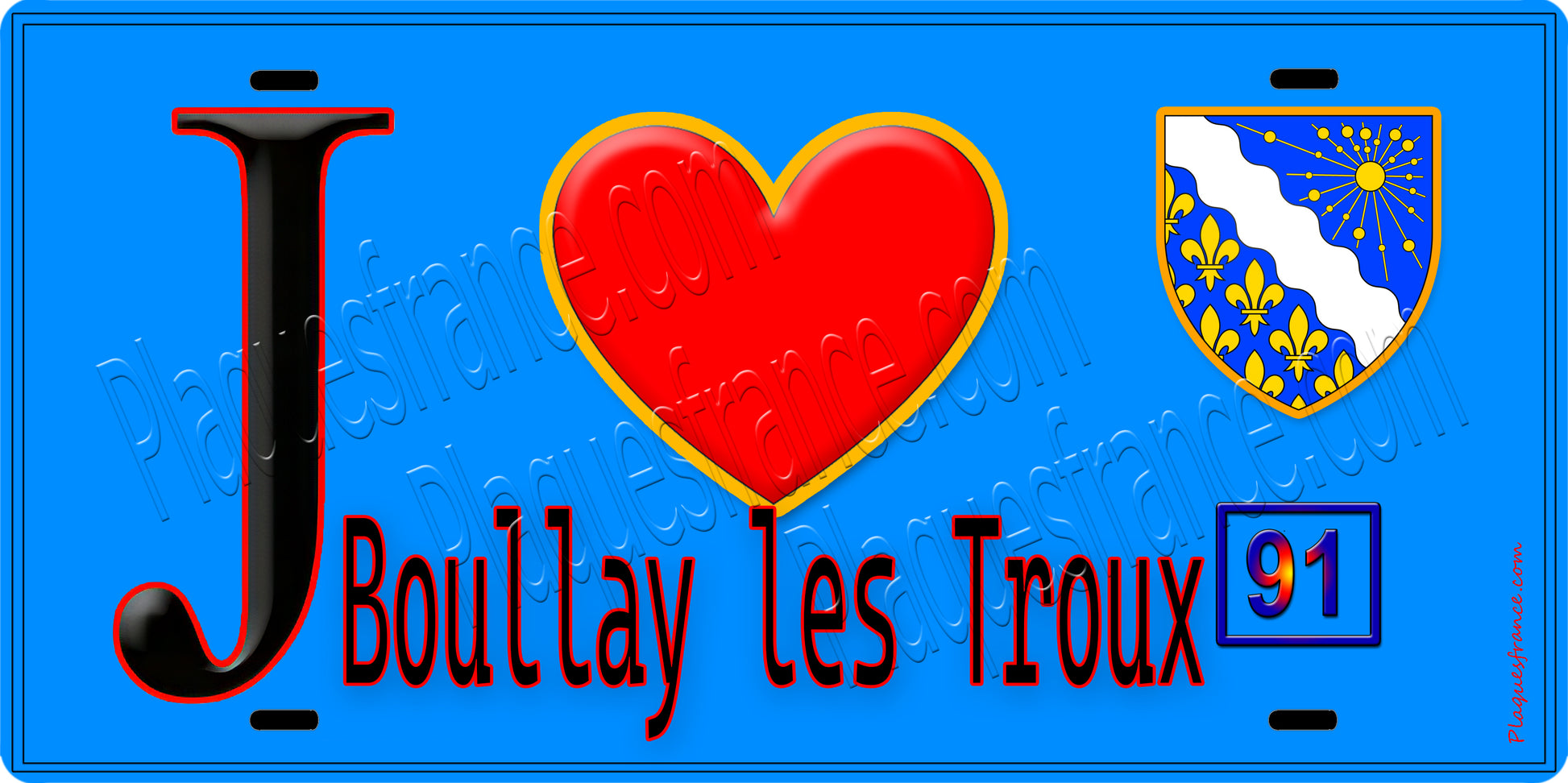 Plaque métal décorative  J' ❤️Boullay-les-Troux, Essonne (91) fond bleu