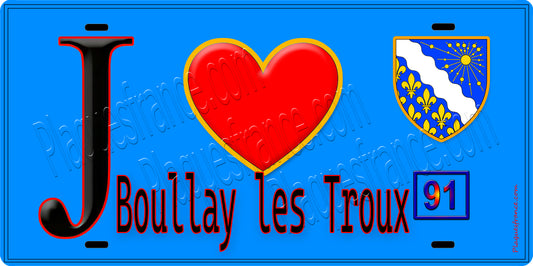 Plaque métal décorative  J' ❤️Boullay-les-Troux, Essonne (91) fond bleu