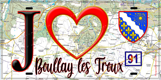 Plaque métal décorative  J' ❤️Boullay-les-Troux, Essonne (91) fond carte