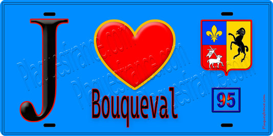 Plaque métal décorative  J' ❤️Bouqueval, Val d'Oise (95) fond bleu
