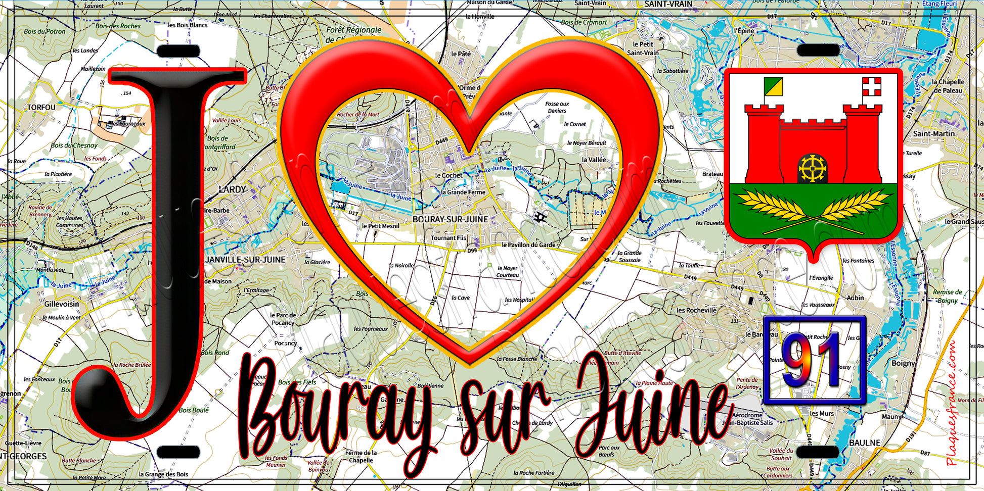 Plaque métal décorative  J' ❤️Bouray-sur-Juine, Essonne (91) fond carte