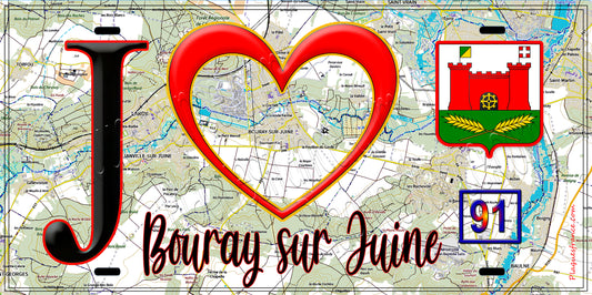 Plaque métal décorative  J' ❤️Bouray-sur-Juine, Essonne (91) fond carte